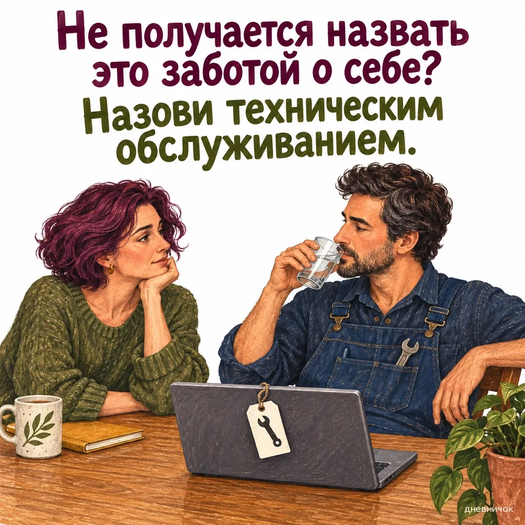 Мужчина в рабочем комбинезоне пьёт воду; рядом с женщиной и ноутбуком лежит бирка с гаечным ключом. Текст мема: «Не получается назвать это заботой о себе? Назови техническим обслуживанием.».