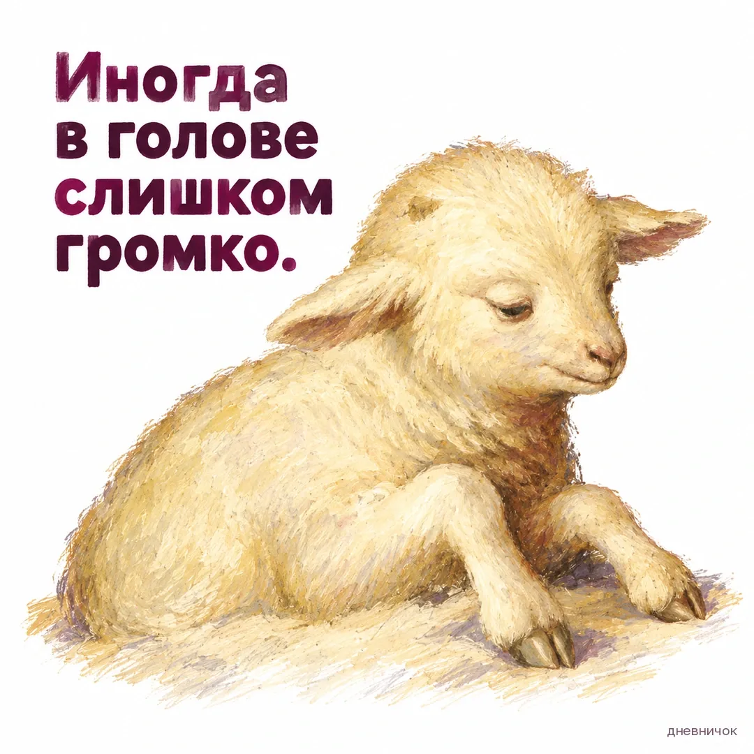 Маленький ягнёнок прикрывает передними ногами уши. Текст мема: «Иногда в голове слишком громко.».