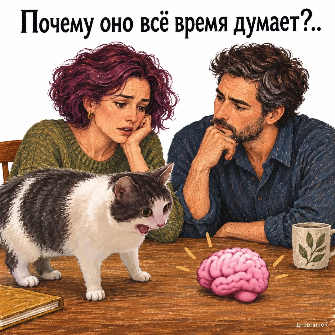 Кот недоумённо смотрит на задумчивый мозг; на заднем плане сидит пара. Текст мема: «Почему оно всё время думает?..».