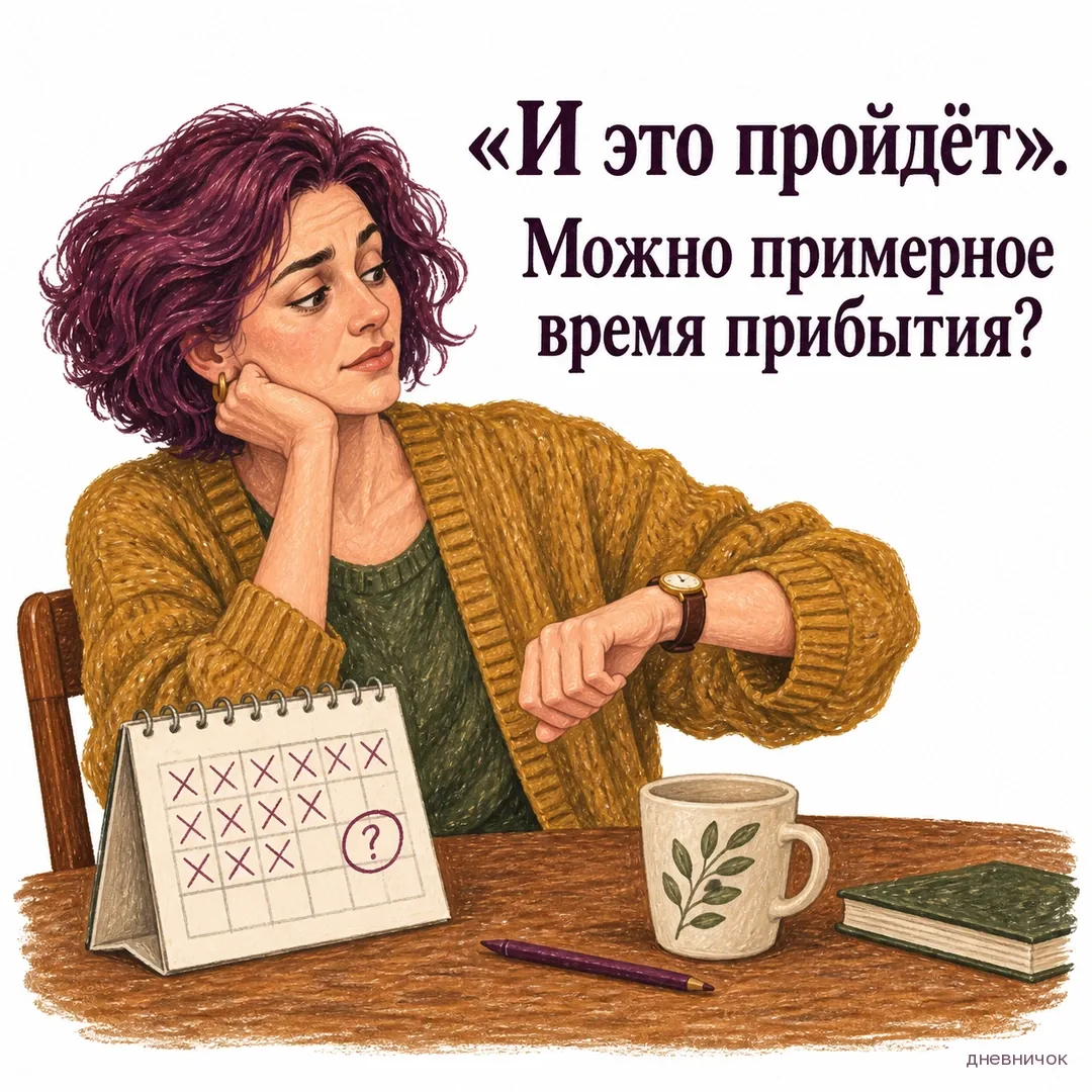 Женщина проверяет часы рядом с календарём. Текст мема: ««И это пройдёт». Можно примерное время прибытия?».