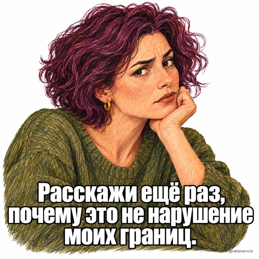 Женщина подпирает подбородок рукой и скептически поднимает бровь. Текст мема: «Расскажи ещё раз, почему это не нарушение моих границ.».