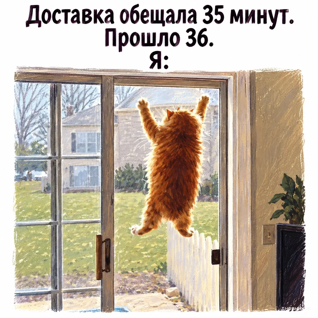 Рыжий кот растянулся на оконном стекле в ожидании доставки. Текст мема: «Доставка обещала 35 минут. Прошло 36. Я:».