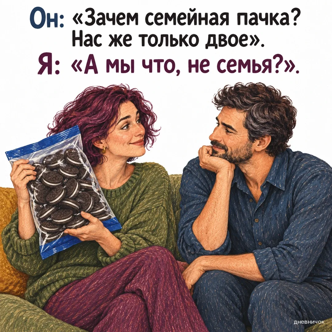 Женщина держит большую пачку печенья и разговаривает с улыбающимся мужчиной. Текст мема: «Он: «Зачем семейная пачка? Нас же только двое». Я: «А мы что, не семья?»».