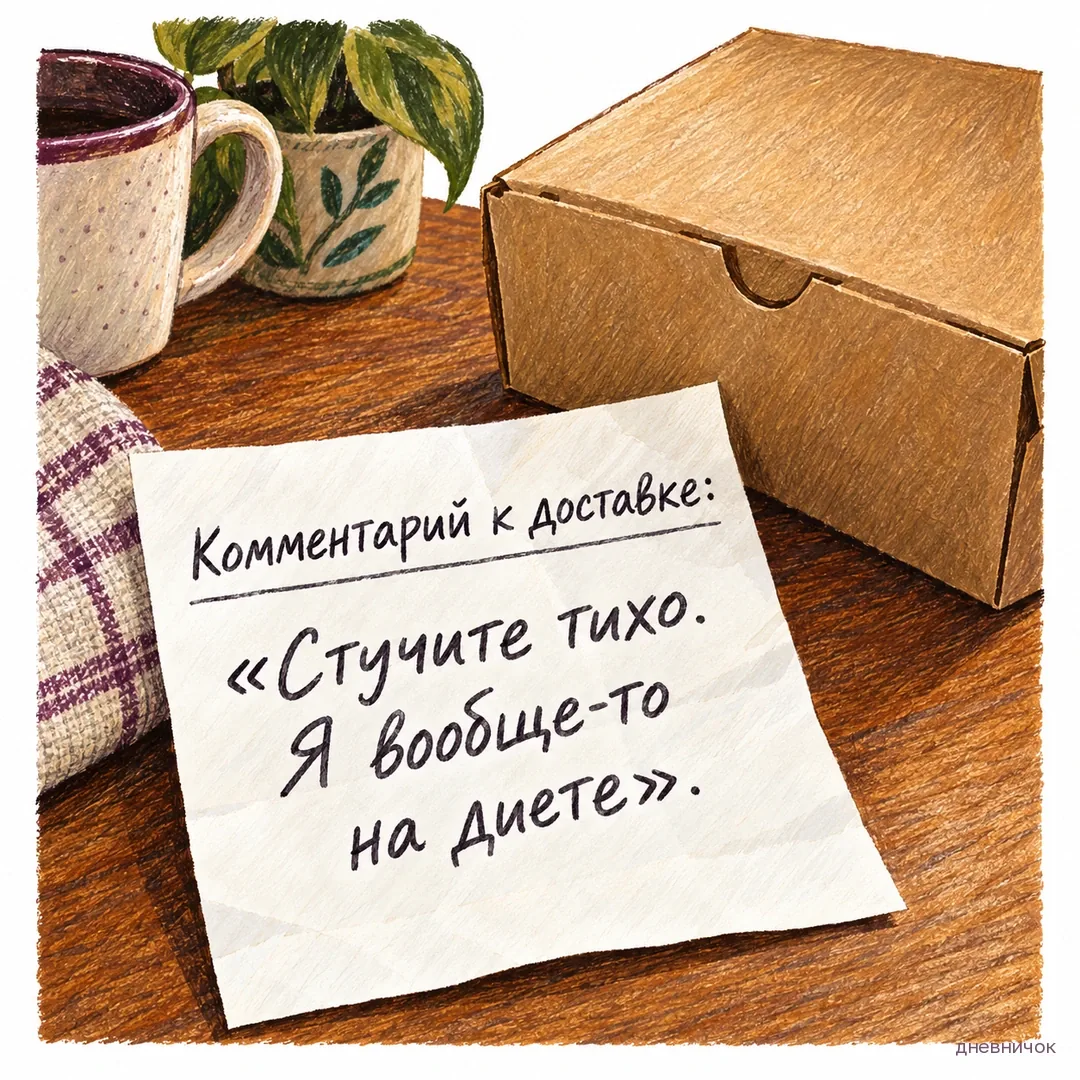 Возле коробки с доставленной едой лежит записка с просьбой стучать тихо. Текст мема: «Комментарий к доставке: «Стучите тихо. Я вообще-то на диете».».