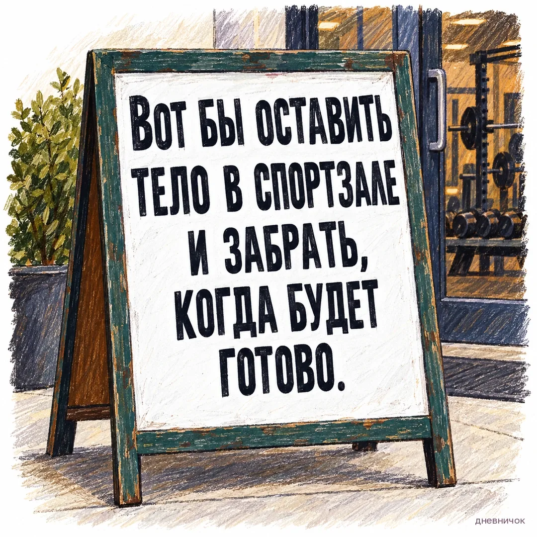 На белой доске перед входом в спортзал написано шуточное желание. Текст мема: «Вот бы оставить тело в спортзале и забрать, когда будет готово.».