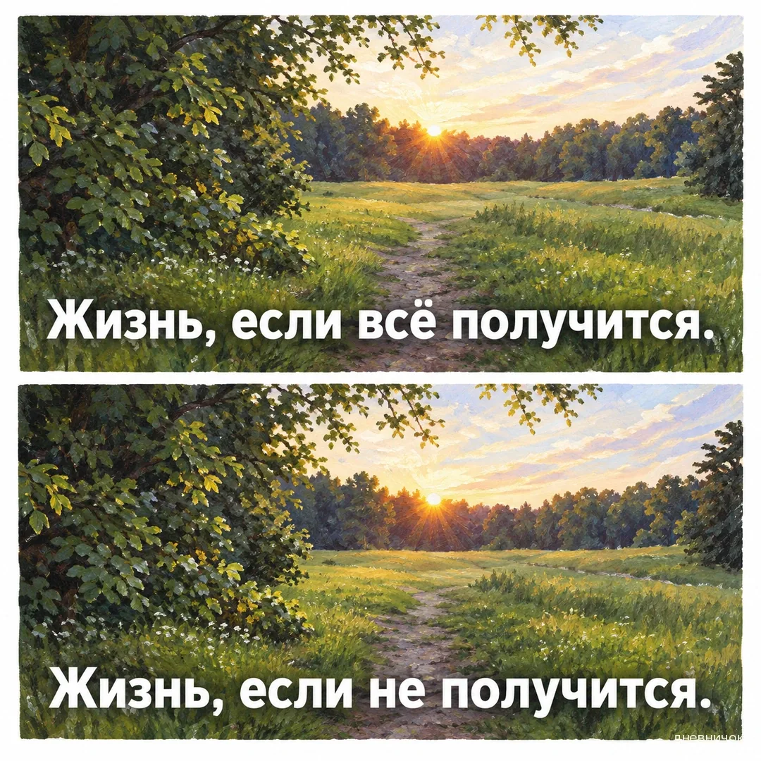 На двух панелях один и тот же солнечный луг с тропинкой. Текст мема: «Жизнь, если всё получится. Жизнь, если не получится.».