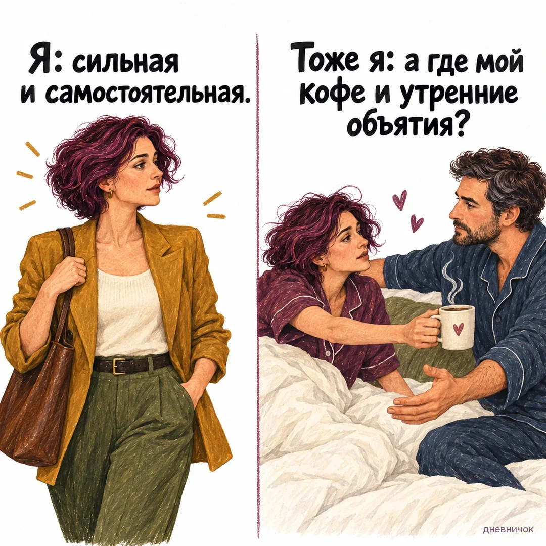 Женщина сначала уверенно позирует, затем тянется за кофе и объятиями. Текст мема: «Я: сильная и самостоятельная. Тоже я: а где мой кофе и утренние объятия?».