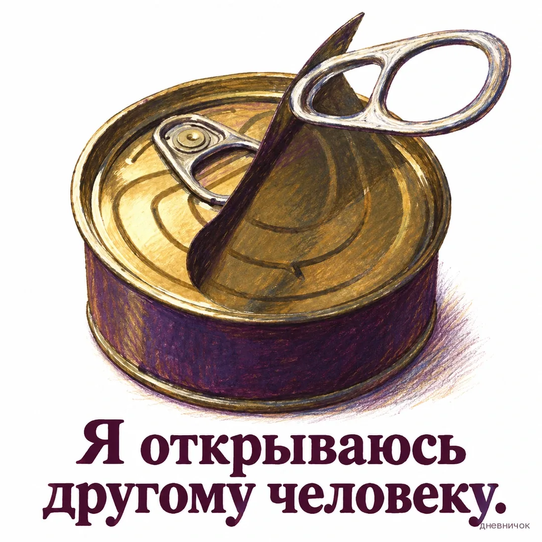 У консервной банки отломалось кольцо, а крышка осталась закрытой. Текст мема: «Я открываюсь другому человеку.».