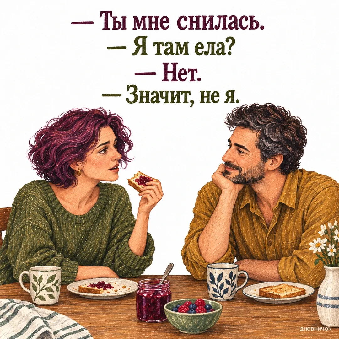 Пара разговаривает за завтраком; женщина держит тост. Текст мема: «— Ты мне снилась. — Я там ела? — Нет. — Значит, не я.».