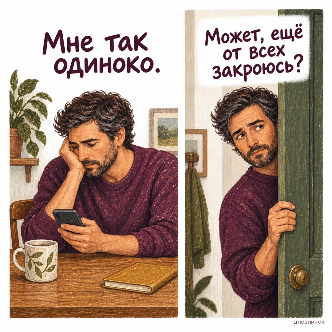 Мужчина сначала грустит над телефоном, затем закрывает за собой дверь. Текст мема: «Мне так одиноко. Может, ещё от всех закроюсь?».