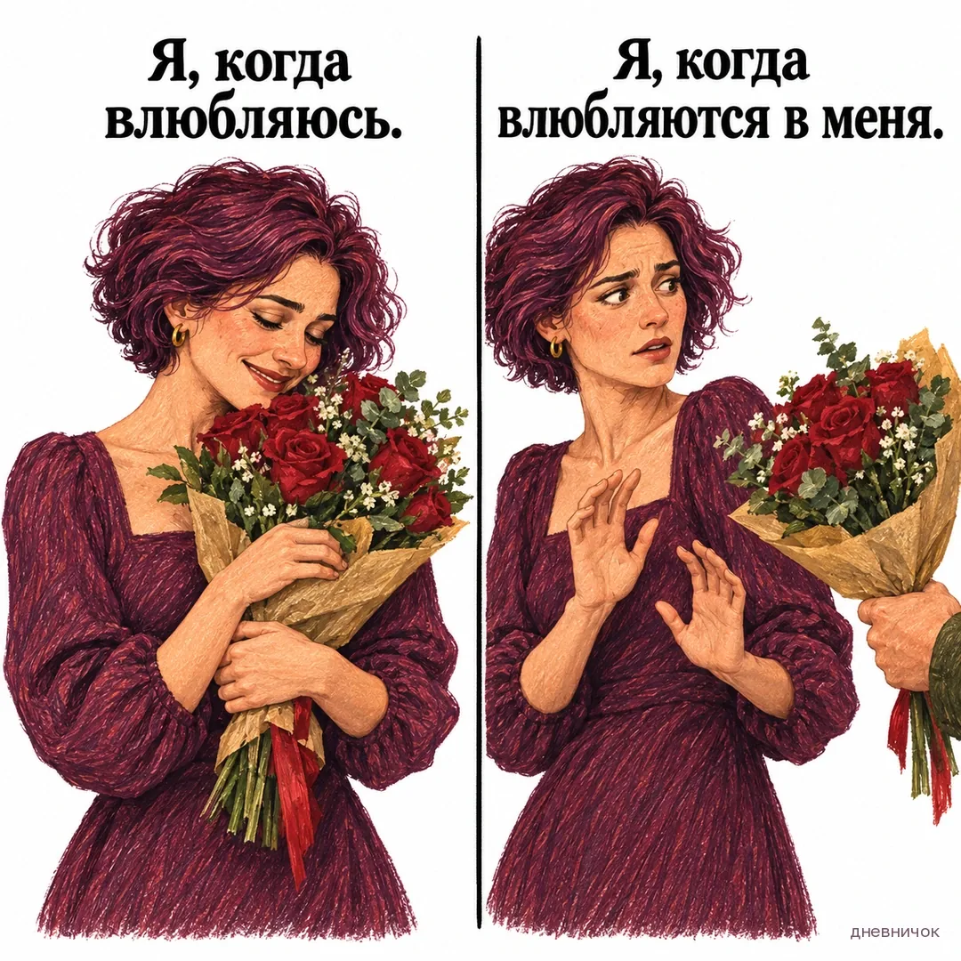 Женщина радуется букету в своих руках, но отстраняется от букета, протянутого ей другим. Текст мема: «Я, когда влюбляюсь. Я, когда влюбляются в меня.».