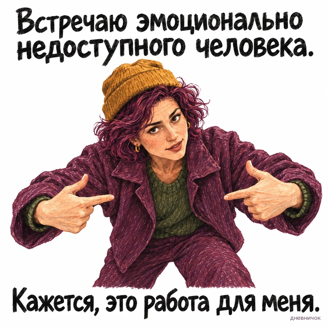 Женщина в шапке указывает на себя, собираясь взяться за чужую недоступность. Текст мема: «Встречаю эмоционально недоступного человека. Кажется, это работа для меня.».