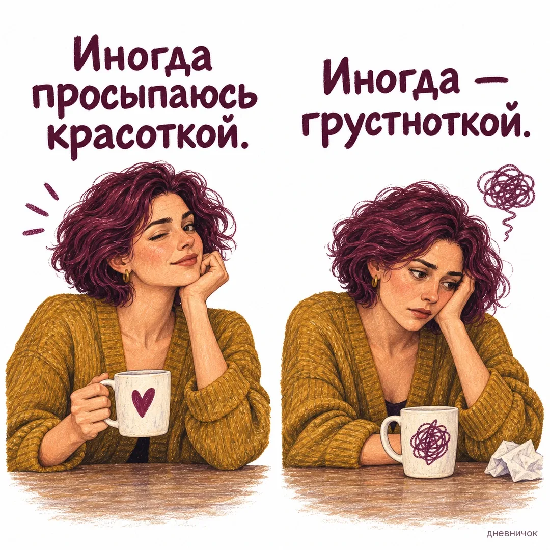 Одна женщина за чашкой кофе: слева кокетливо улыбается, справа грустит. Текст мема: «Иногда просыпаюсь красоткой. Иногда — грустноткой.».