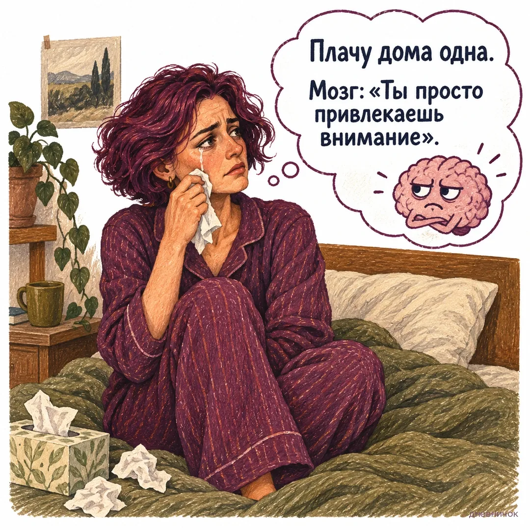 Женщина плачет на кровати, а в облачке мыслей недовольный мозг обвиняет её в привлечении внимания. Текст мема: «Плачу дома одна. Мозг: «Ты просто привлекаешь внимание».».