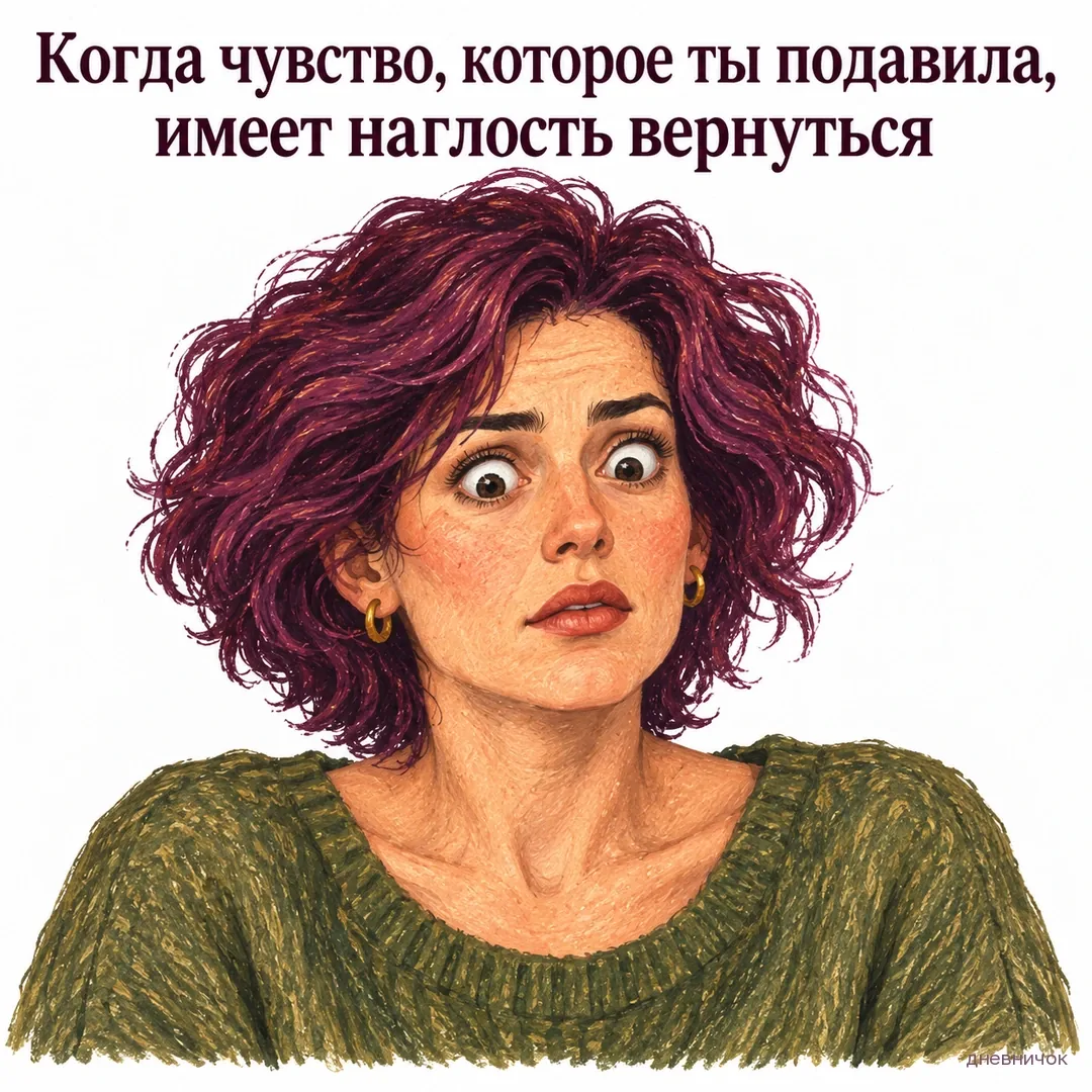 Женщина удивлённо смотрит на вновь появившееся чувство. Текст мема: «Когда чувство, которое ты подавила, имеет наглость вернуться».