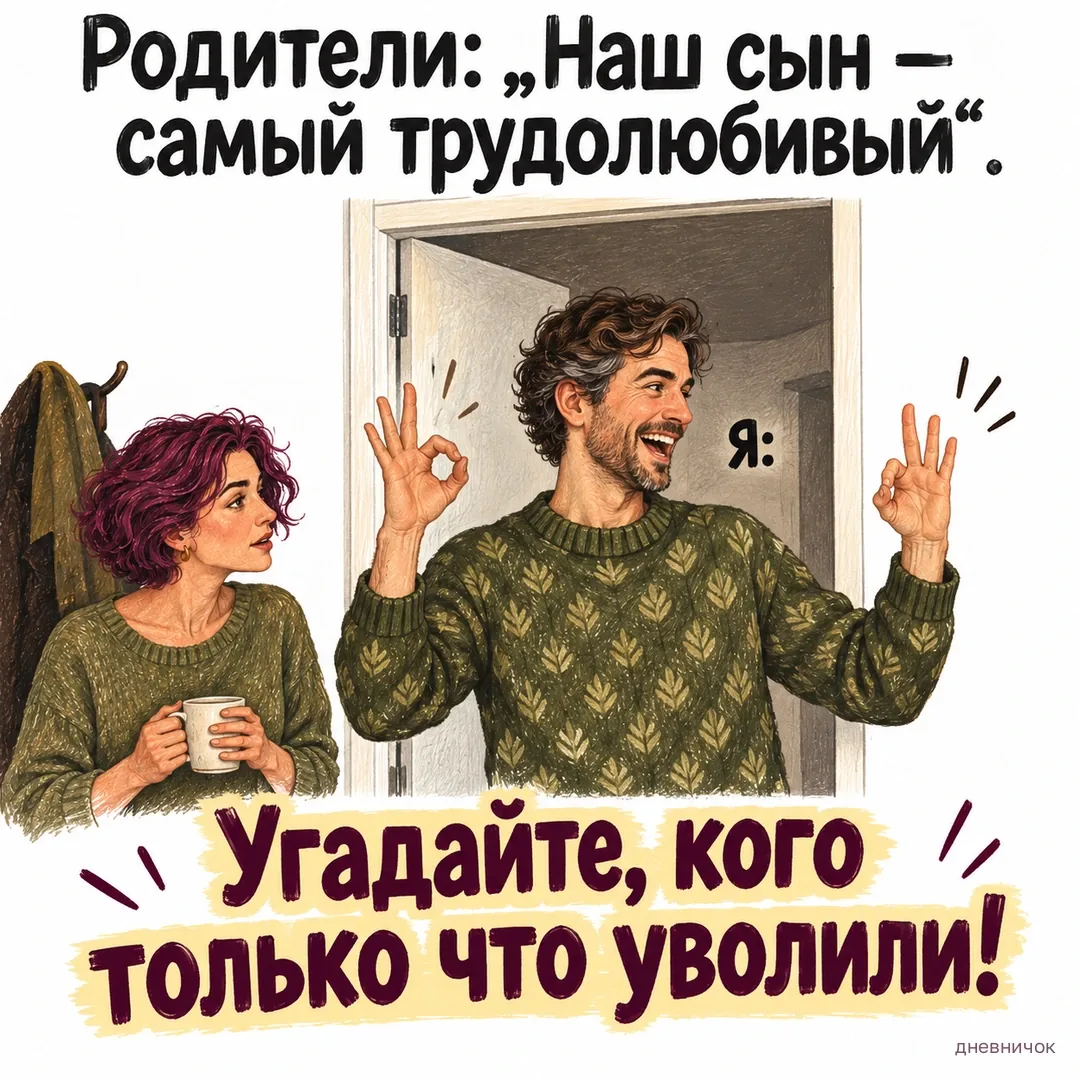 Мужчина с улыбкой врывается в дверь и поднимает руки. «Родители: „Наш сын — самый трудолюбивый“. Я: Угадайте, кого только что уволили!»
