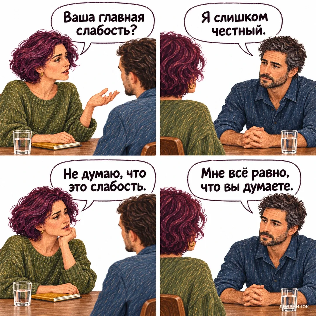 Четыре кадра собеседования: «Ваша главная слабость?» — «Я слишком честный». — «Не думаю, что это слабость». — «Мне всё равно, что вы думаете».
