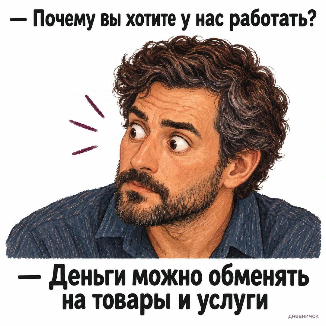 Удивлённый мужчина отвечает: «Почему вы хотите у нас работать?» — «Деньги можно обменять на товары и услуги».