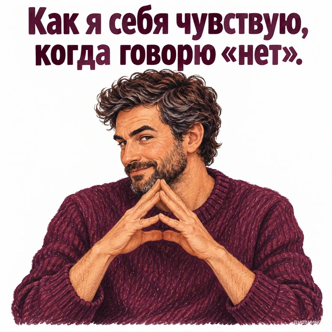 Мужчина с лукавой улыбкой соединяет кончики пальцев, изображая злодея. Текст мема: «Как я себя чувствую, когда говорю «нет».».