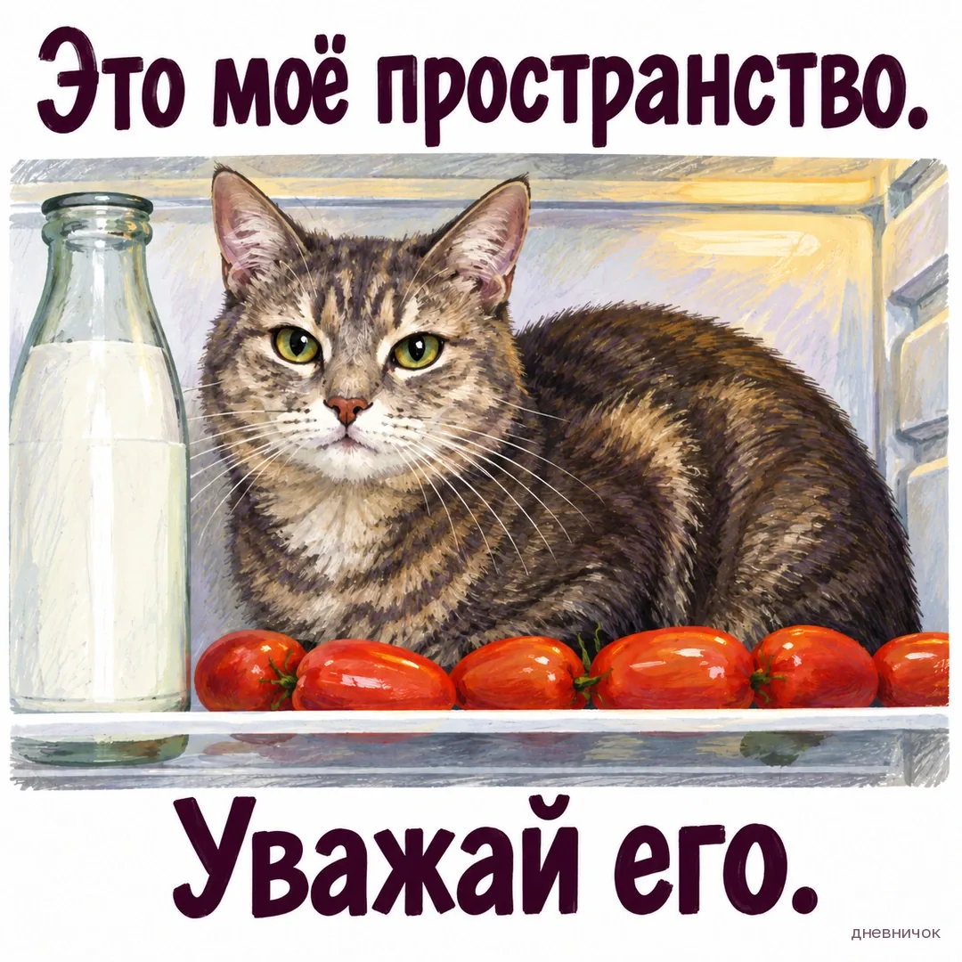 Полосатый кот расположился на полке холодильника между молоком и помидорами. Текст мема: «Это моё пространство. Уважай его.».