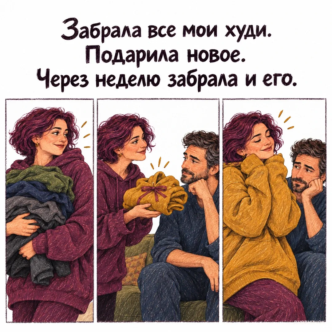 На трёх панелях женщина собирает худи, дарит мужчине новое и затем сама надевает подарок. Текст мема: «Забрала все мои худи. Подарила новое. Через неделю забрала и его.».