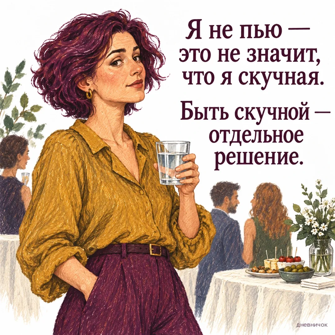 Женщина на вечеринке держит стакан воды и уверенно смотрит на зрителя. Текст мема: «Я не пью — это не значит, что я скучная. Быть скучной — отдельное решение.».