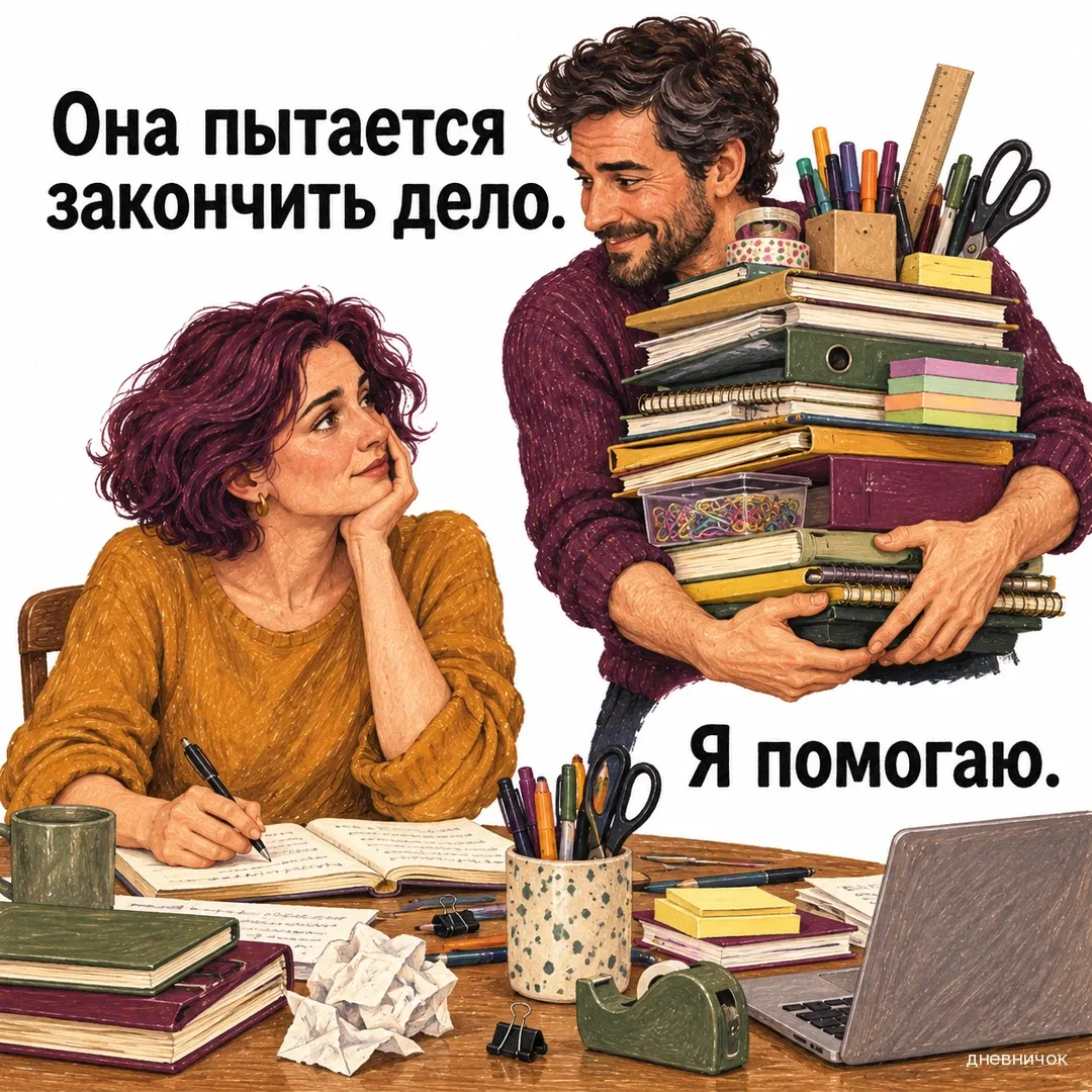 Женщина пишет за столом, а мужчина несёт к ней огромную стопку вещей. Текст мема: «Она пытается закончить дело. Я помогаю.».
