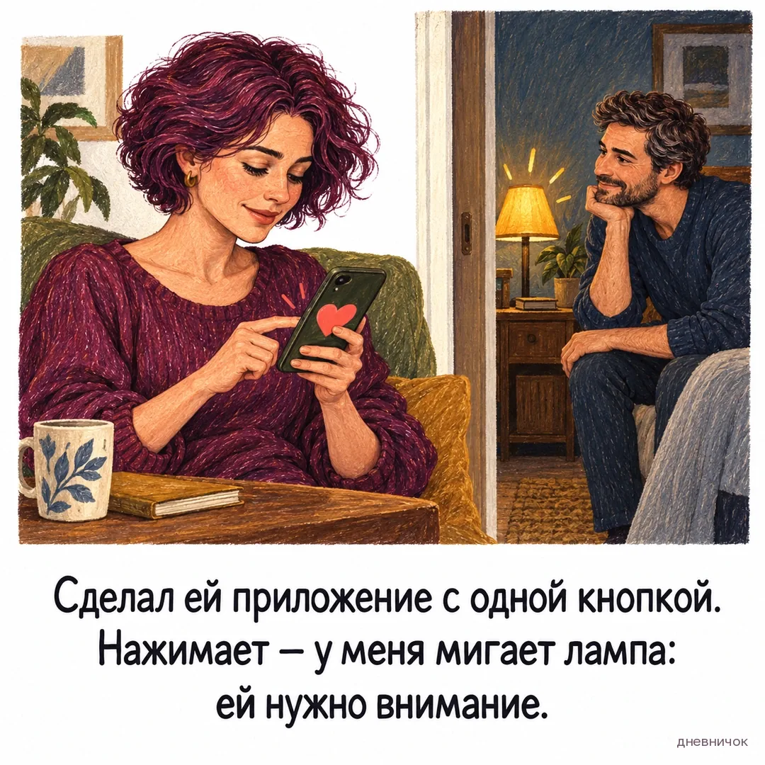 Женщина нажимает кнопку на телефоне, в соседней комнате загорается лампа рядом с мужчиной. Текст мема: «Сделал ей приложение с одной кнопкой. Нажимает — у меня мигает лампа: ей нужно внимание.».