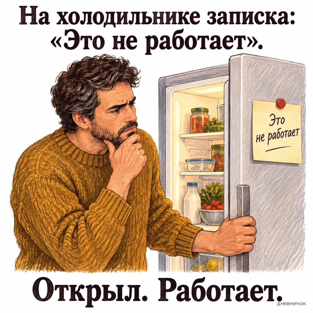 Мужчина открывает работающий холодильник с запиской «Это не работает». Текст мема: «На холодильнике записка: «Это не работает». Открыл. Работает.».