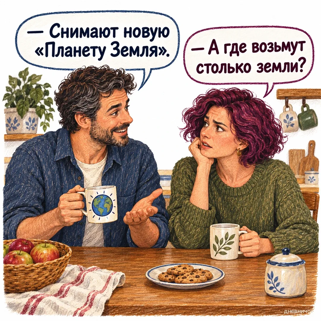 Пара разговаривает за кухонным столом; новость о фильме понята буквально. Текст мема: «— Снимают новую «Планету Земля». — А где возьмут столько земли?».