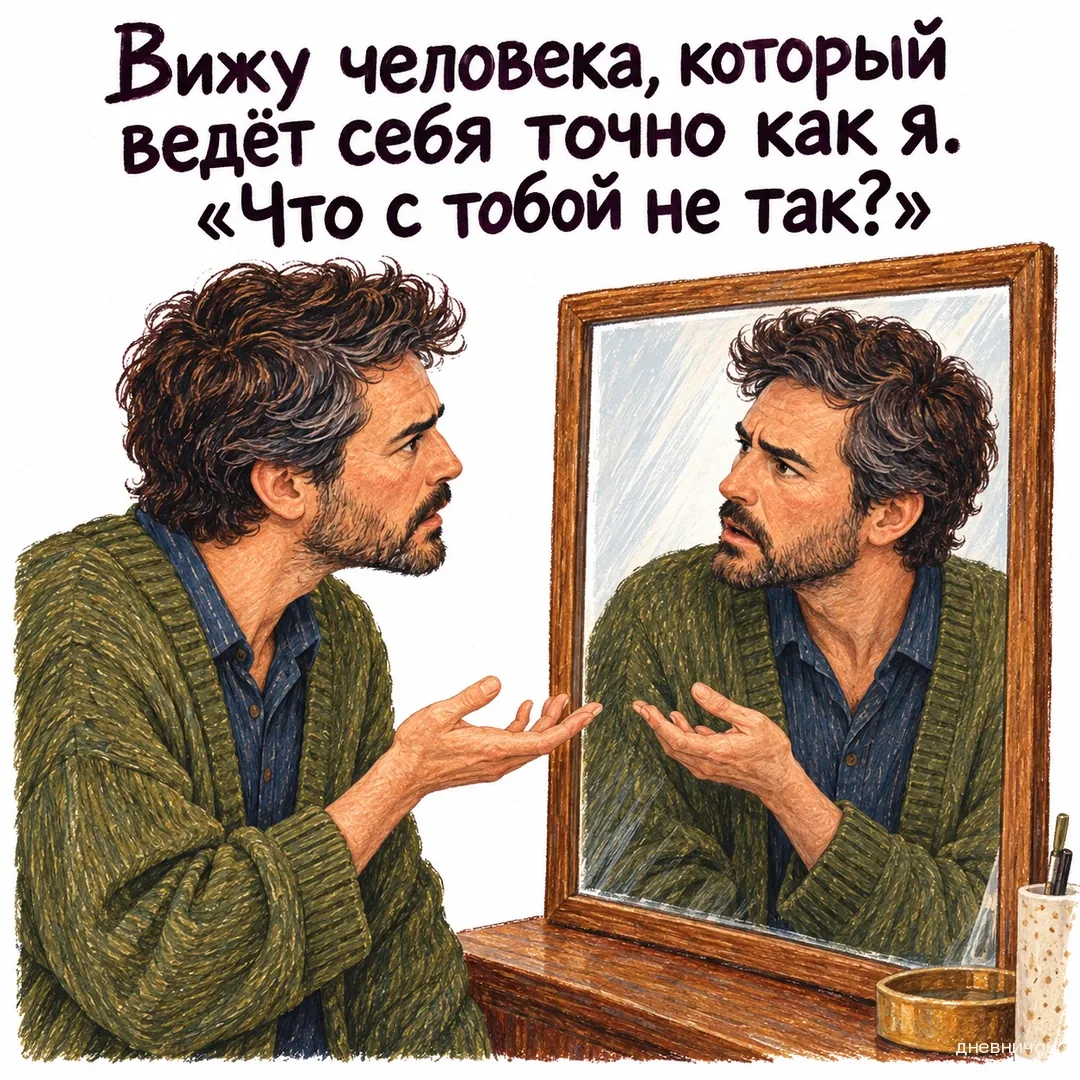 Мужчина недоумённо смотрит на собственное отражение в зеркале. Текст мема: «Вижу человека, который ведёт себя точно как я. «Что с тобой не так?»».