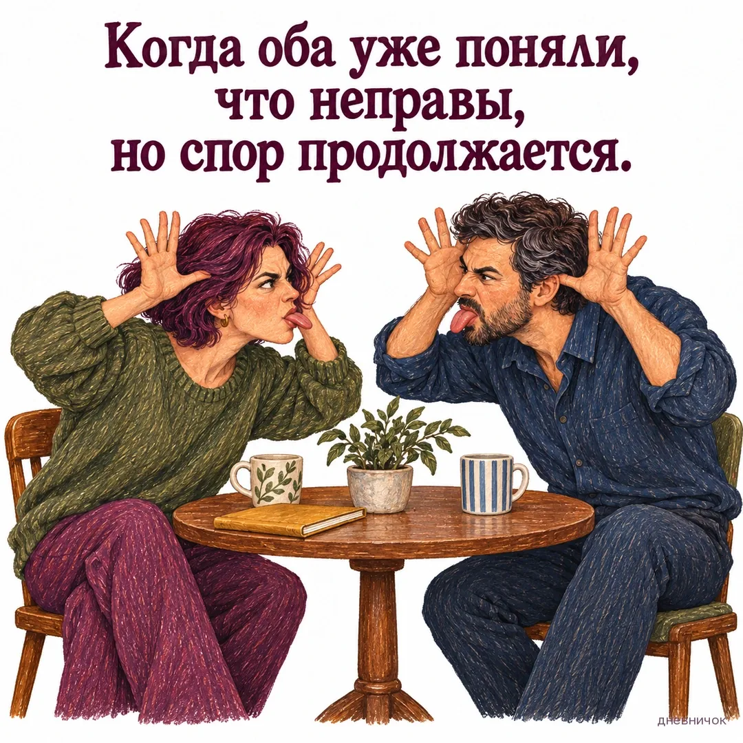 Пара за столом продолжает спор, строя друг другу нелепые гримасы. Текст мема: «Когда оба уже поняли, что неправы, но спор продолжается.».