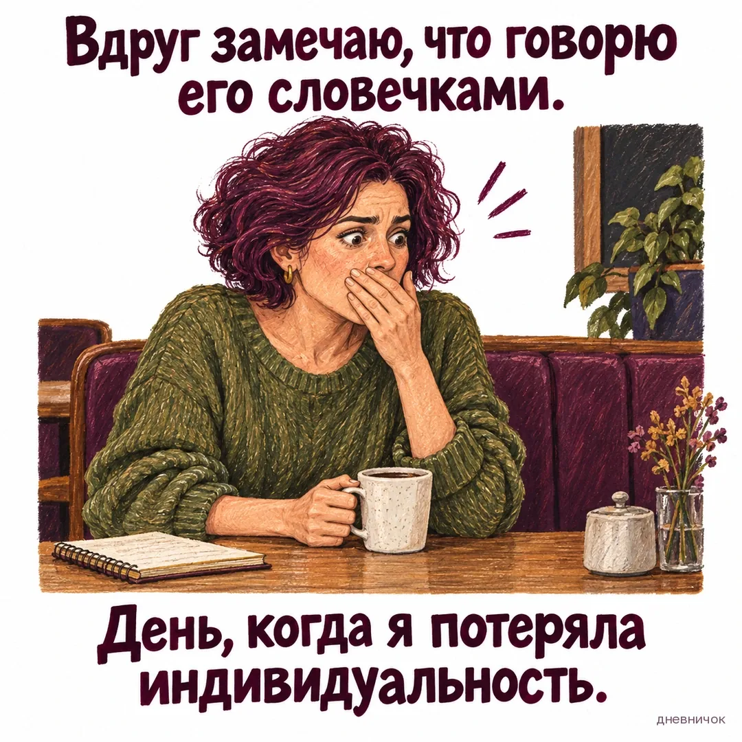 Женщина в кафе удивлённо прикрывает рот ладонью. Текст мема: «Вдруг замечаю, что говорю его словечками. День, когда я потеряла индивидуальность.».