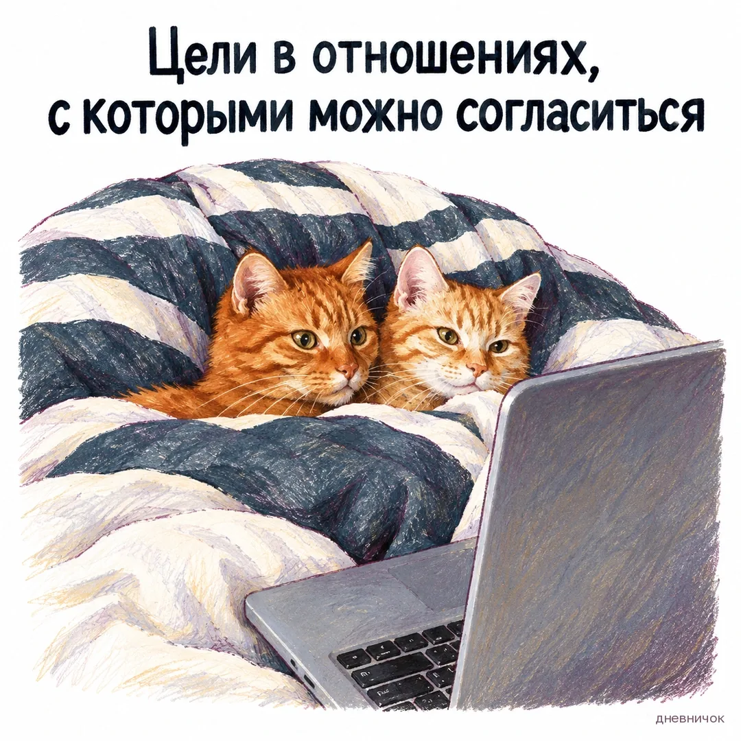 Два рыжих кота лежат под одним одеялом перед ноутбуком. Текст мема: «Цели в отношениях, с которыми можно согласиться».
