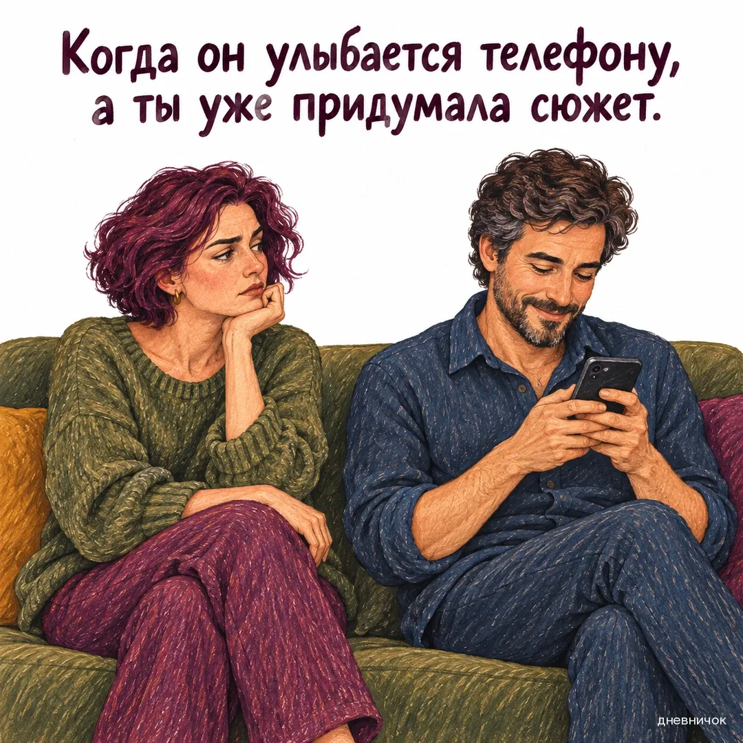 Женщина косится на мужчину, который улыбается своему телефону. Текст мема: «Когда он улыбается телефону, а ты уже придумала сюжет.».