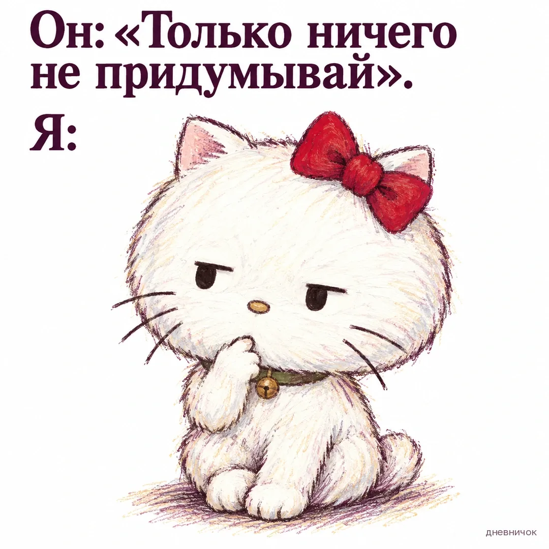 Белый кот с красным бантом задумчиво подносит лапу к подбородку. Текст мема: «Он: «Только ничего не придумывай». Я:».
