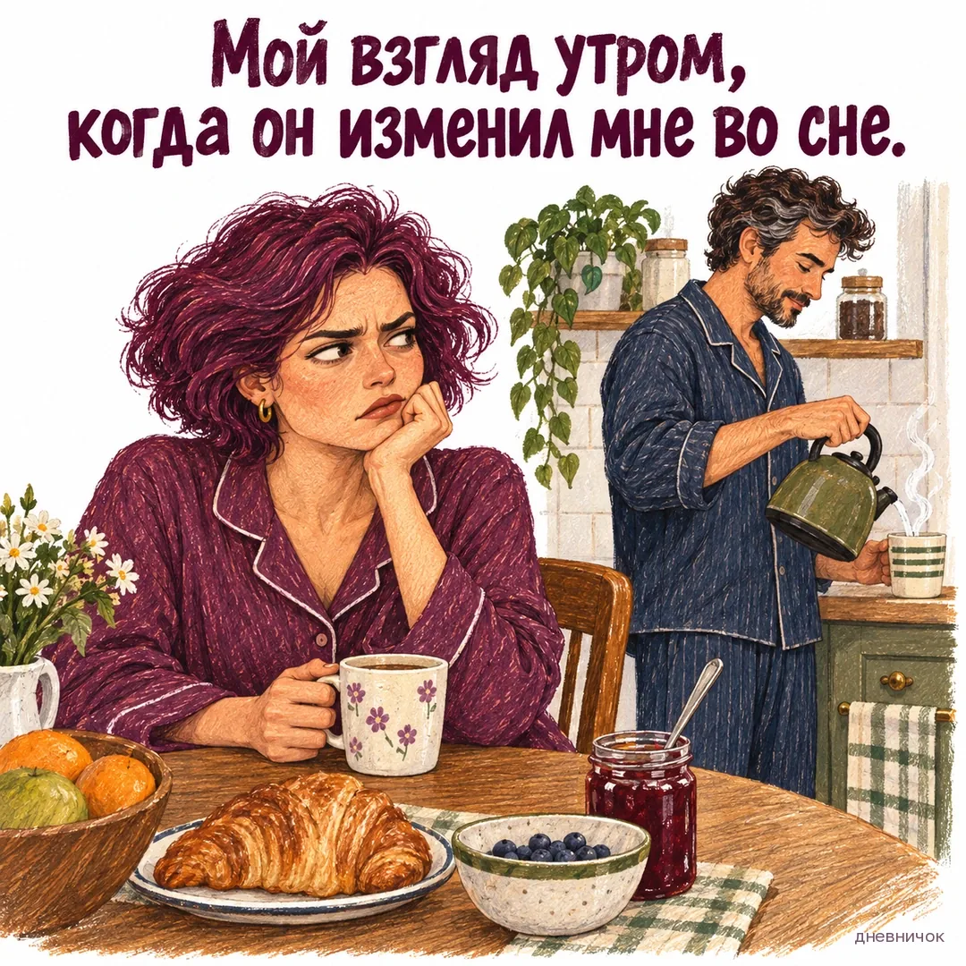 Женщина за завтраком хмуро смотрит на мужчину, который спокойно наливает чай. Текст мема: «Мой взгляд утром, когда он изменил мне во сне.».