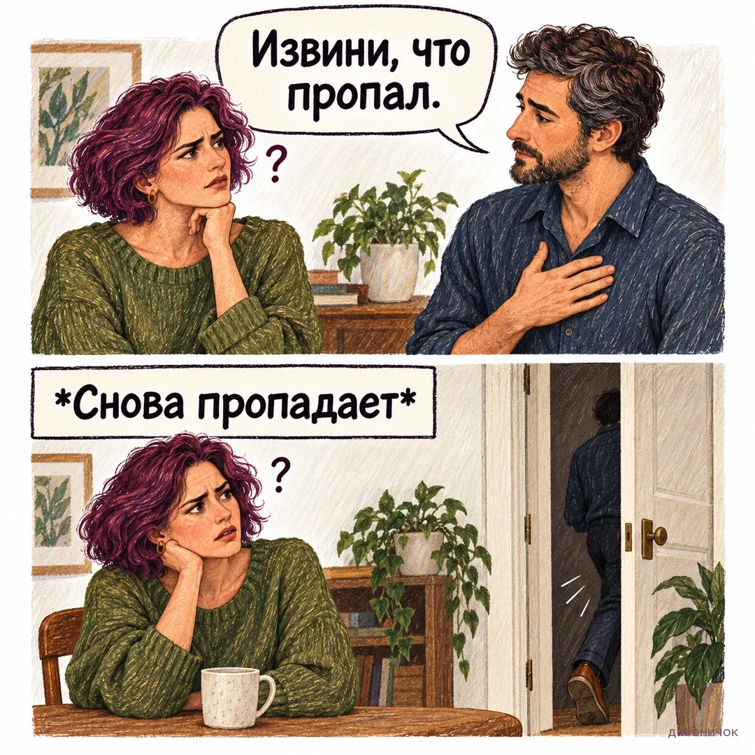 Мужчина извиняется за исчезновение, затем снова уходит за дверь; женщина смотрит с недоумением. Текст мема: «Извини, что пропал. *Снова пропадает*».