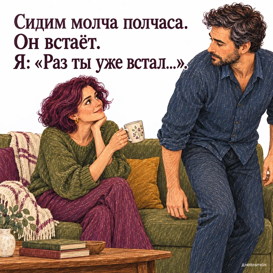 Мужчина встаёт с дивана, женщина поднимает пустую чашку с обнадёженным взглядом. Текст мема: «Сидим молча полчаса. Он встаёт. Я: «Раз ты уже встал…»».
