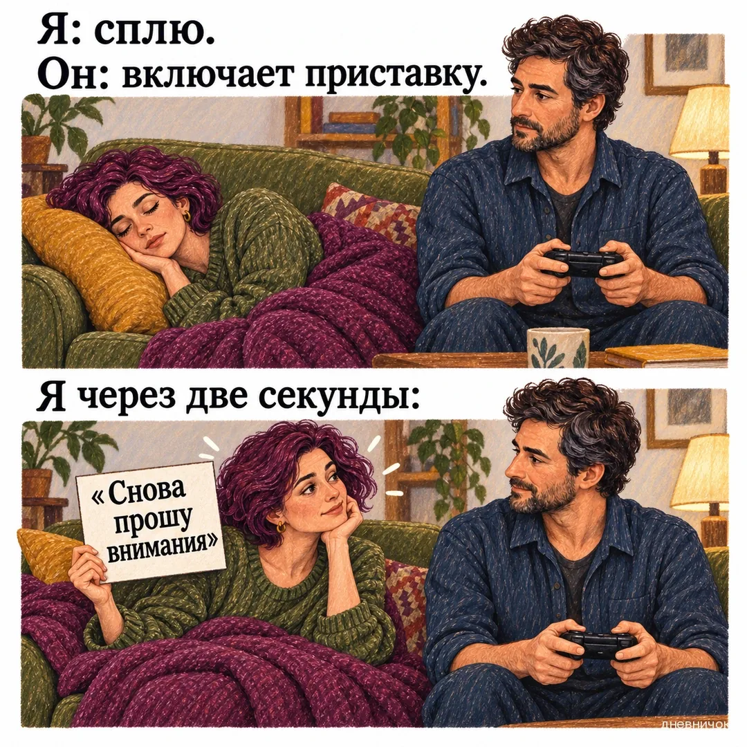 Женщина спит рядом с мужчиной с контроллером, затем просыпается с табличкой о внимании. Текст мема: «Я: сплю. Он: включает приставку. Я через две секунды: «Снова прошу внимания»».