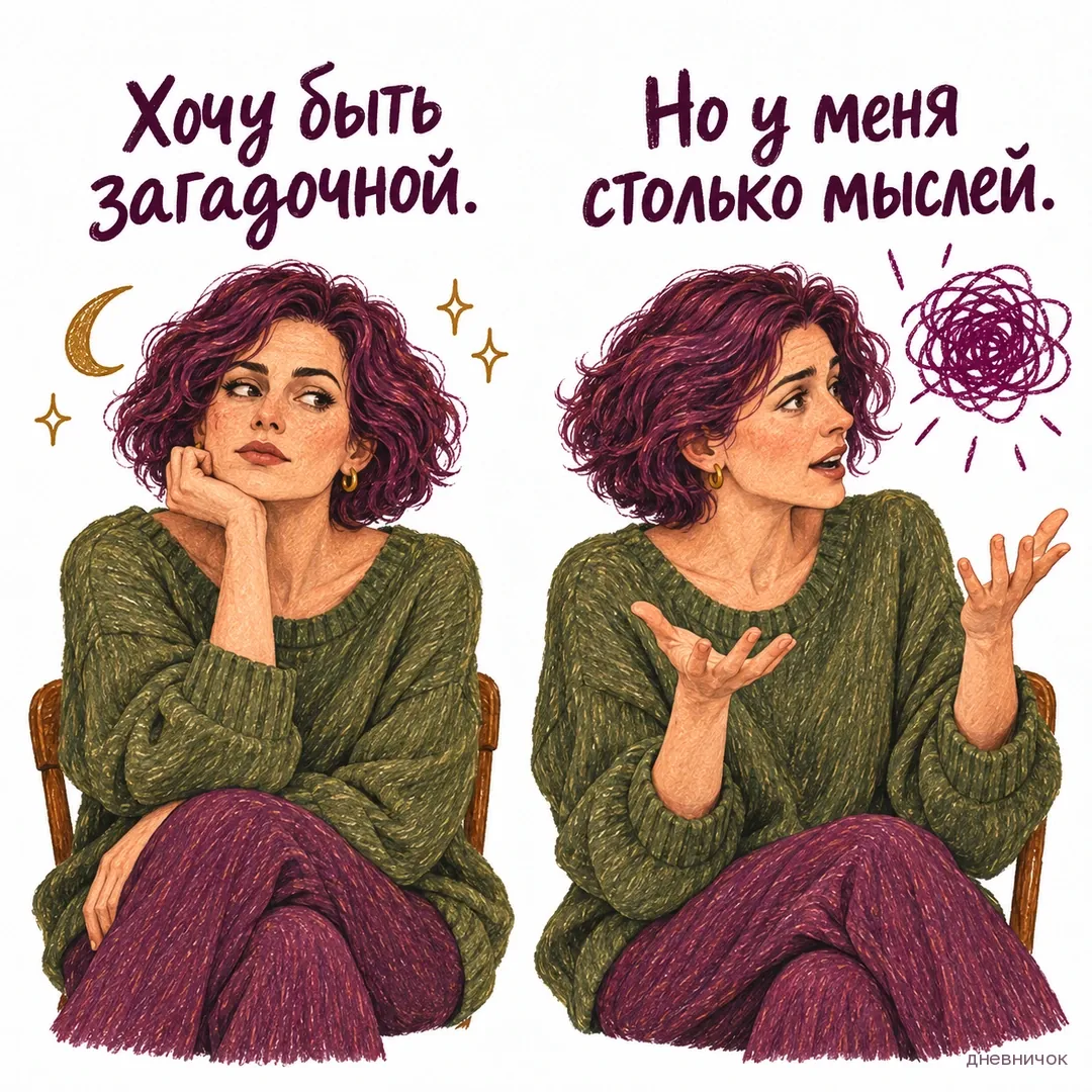Женщина пытается выглядеть загадочно, затем начинает оживлённо говорить. Текст мема: «Хочу быть загадочной. Но у меня столько мыслей.».