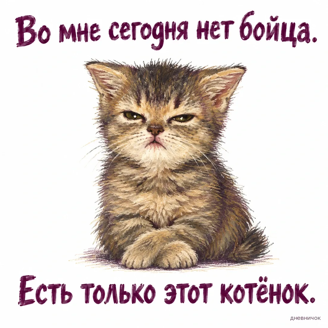 Маленький пушистый котёнок сидит с недовольным выражением мордочки. Текст мема: «Во мне сегодня нет бойца. Есть только этот котёнок.».