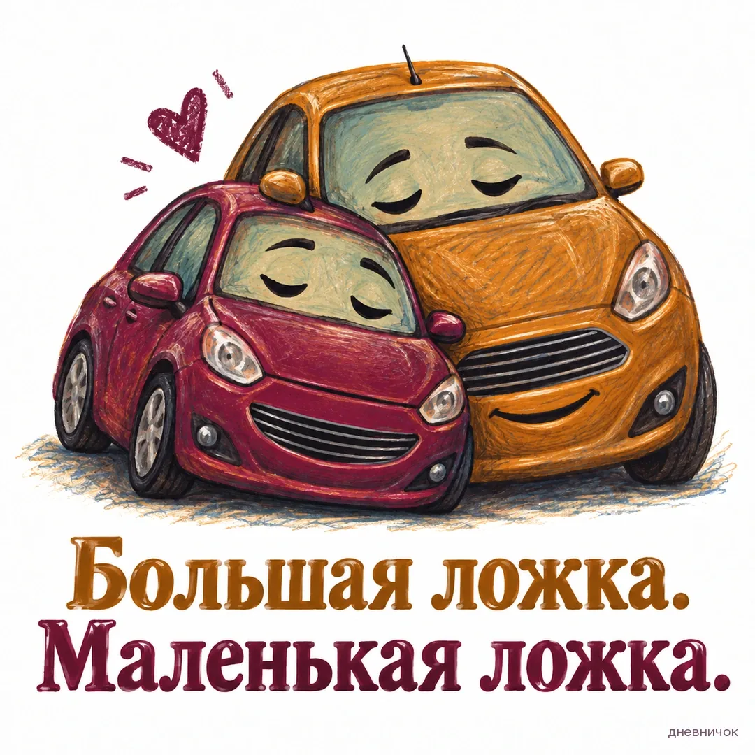 Две игрушечные машины прижались друг к другу, как большая и маленькая ложки. Текст мема: «Большая ложка. Маленькая ложка.».