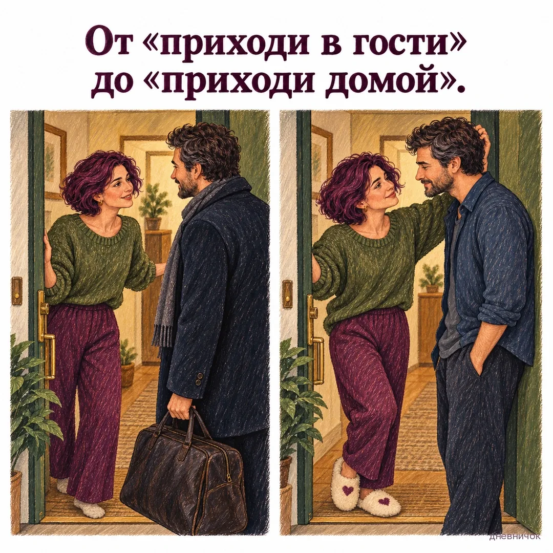 На двух панелях пара встречается в дверях: сначала в гости, затем как дома. Текст мема: «От «приходи в гости» до «приходи домой».».